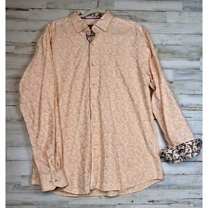 Spazio Mens Peach Floral Button Down Shirt Long Sleeve Cotton Size L Contrast